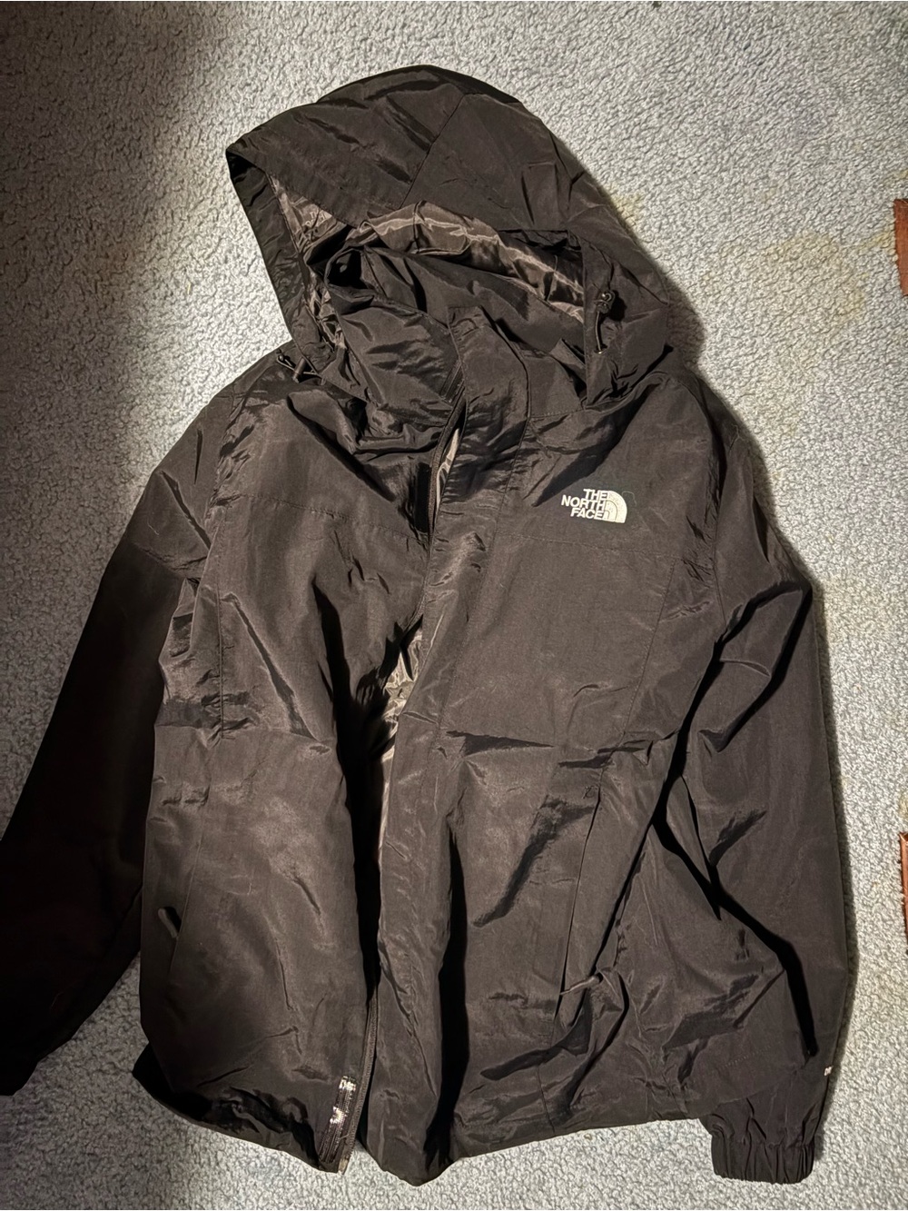 Men's Black Hooded Rain Jacket, Full Zip, Packable Hood
